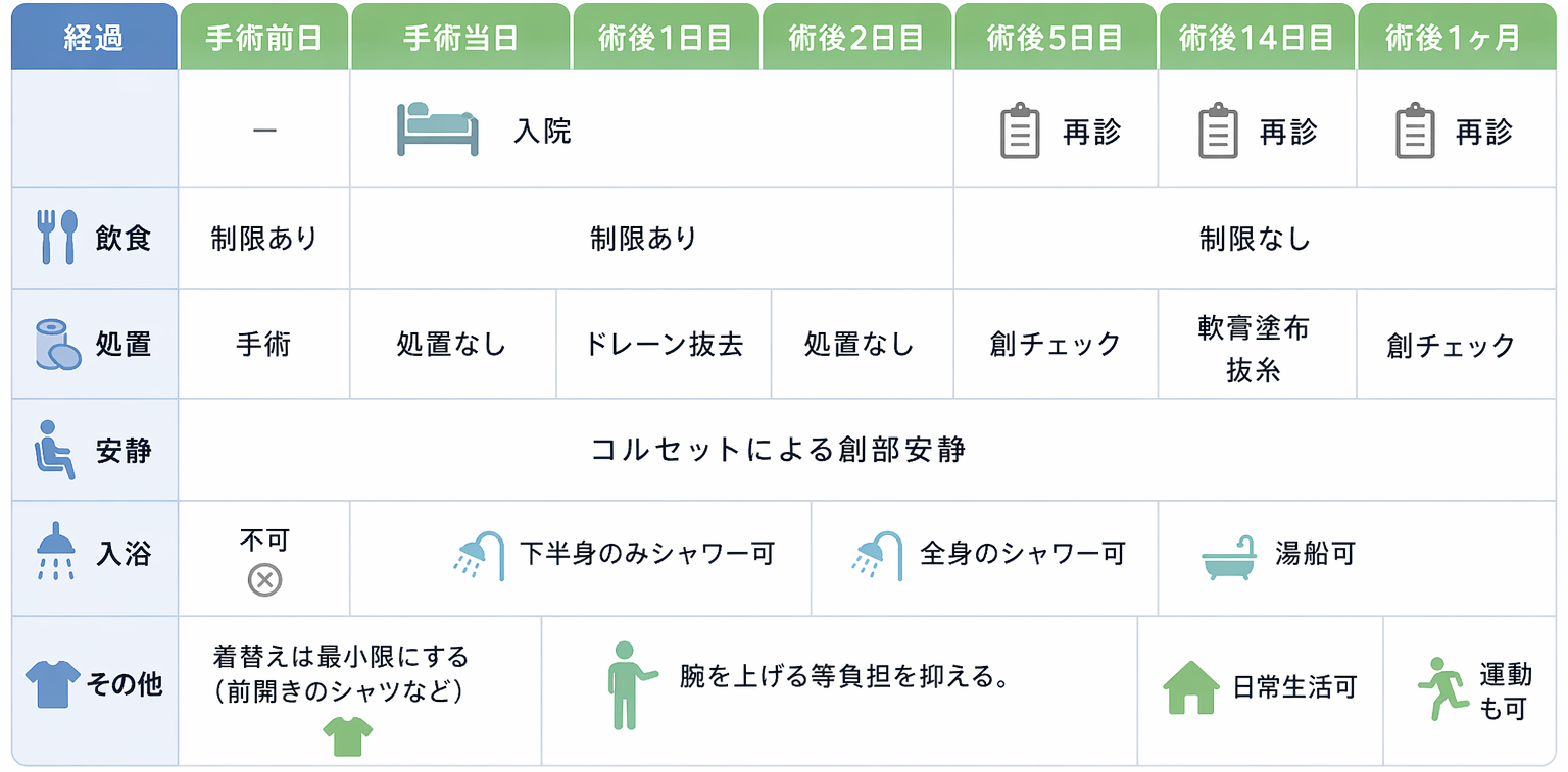 皮弁剪除法の術後経過スケジュール表 — 手術前日から術後1ヶ月の飲食・処置・安静・入浴・その他の制限を示す図